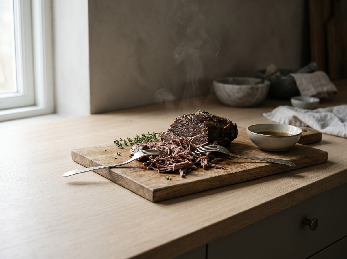 Carne cocida deshilachándose en tiras con dos tenedores