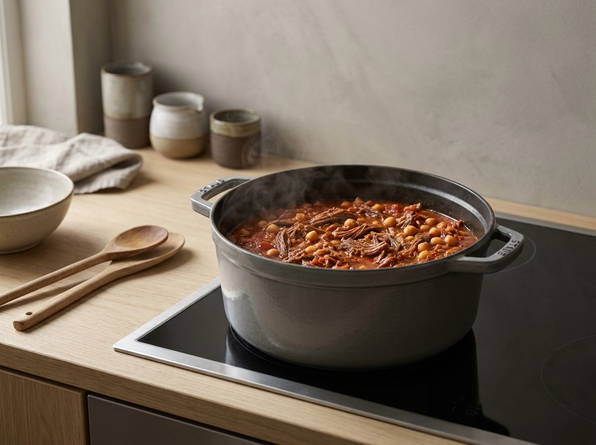 Carne deshilachada y garbanzos guisándose con el sofrito