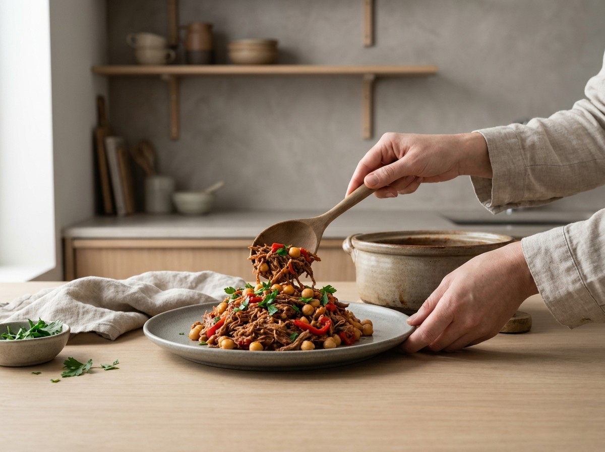 Emplatado de la ropa vieja con carne, garbanzos y pimientos