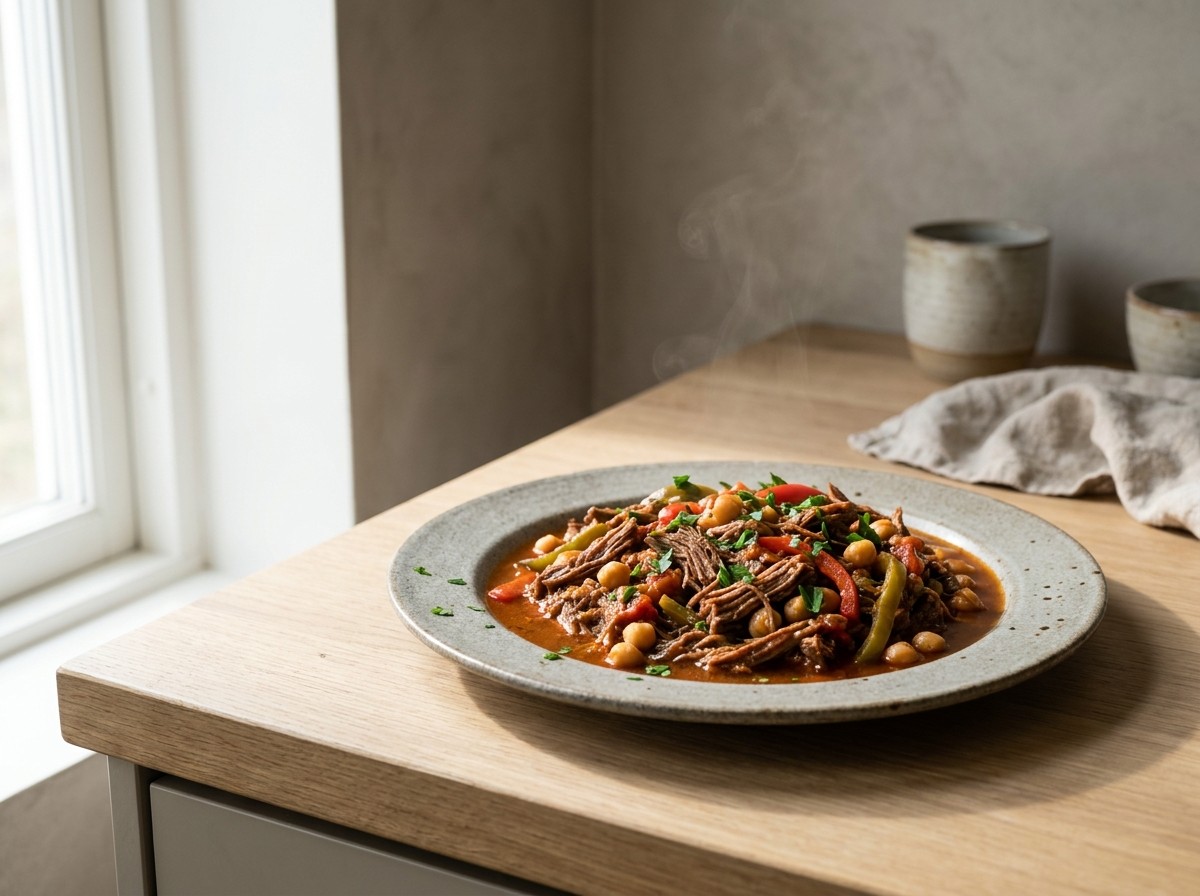 Ropa vieja de ternera en plato de cerámica gris piedra: carne deshilachada con garbanzos y tiras de pimiento rojo y verde en salsa, con perejil.
