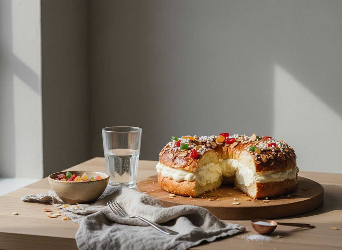 Rosca de Pascua en forma de corona dorada y esponjosa, rellena de crema pastelera, decorada con fruta confitada de colores, almendra laminada y azúcar, sobre bandeja festiva