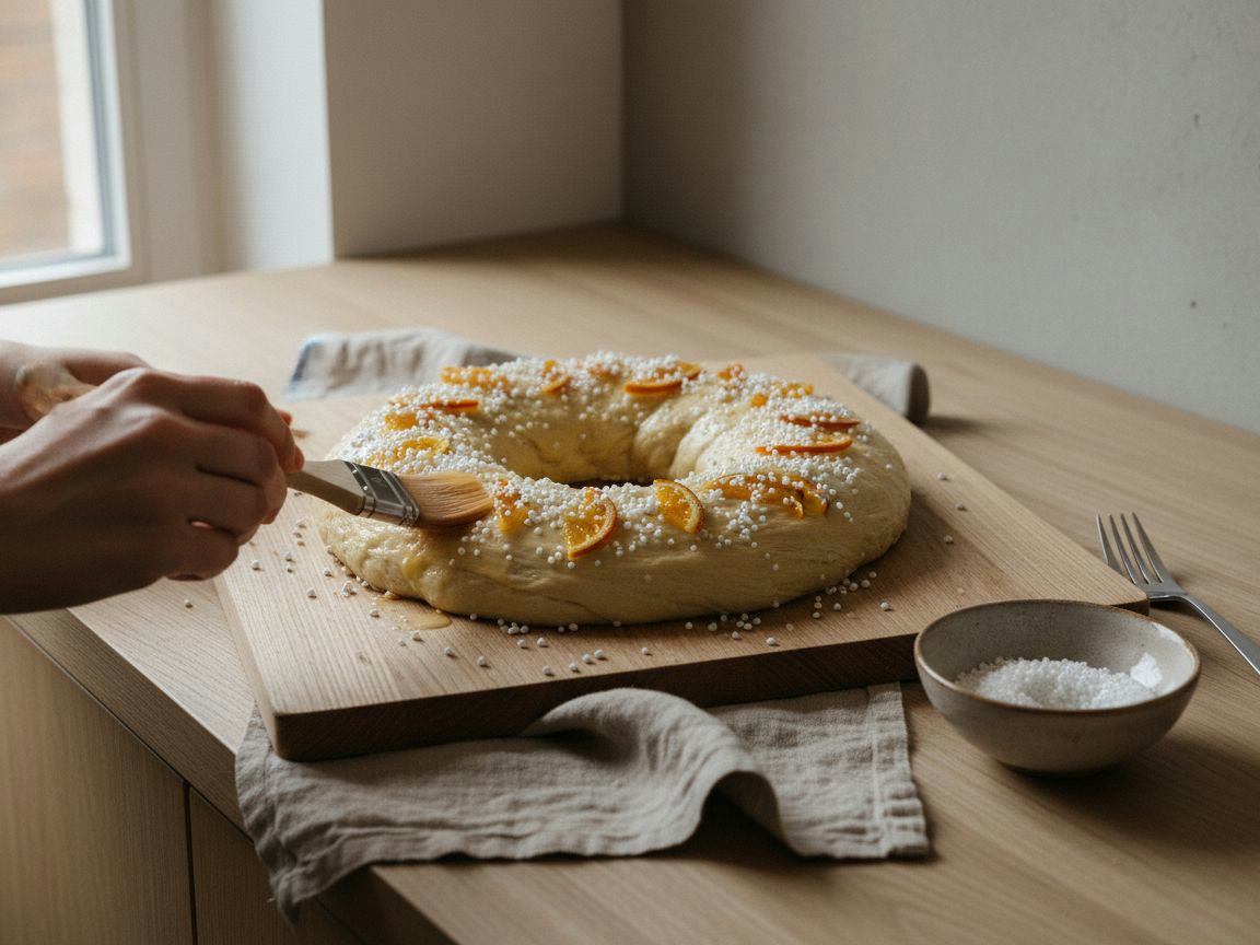 Roscón pintado con huevo y decorado con naranja confitada, almendra laminada y azúcar perlado antes de entrar al horno