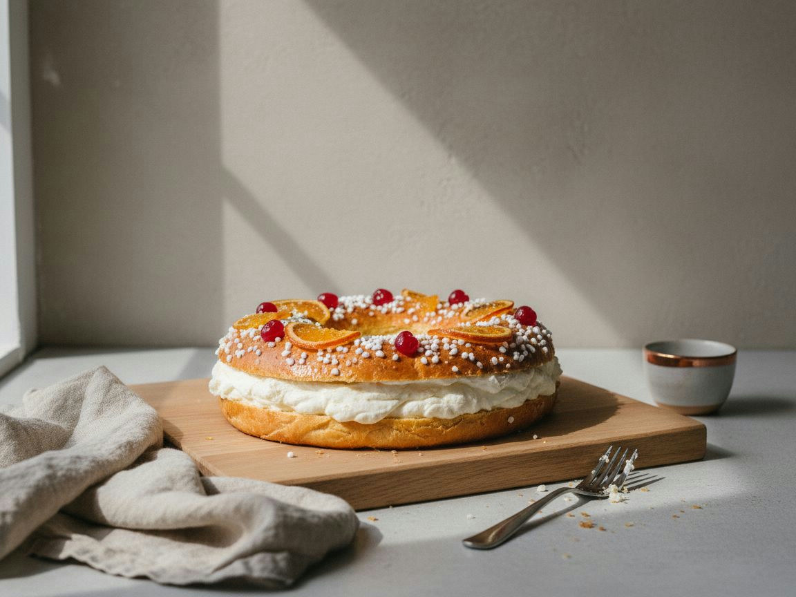 Roscón de Reyes dorado y brillante sobre fuente redonda, relleno de una espiral de nata montada, decorado con naranja confitada, almendra laminada y azúcar perlado, espolvoreado con azúcar glas.
