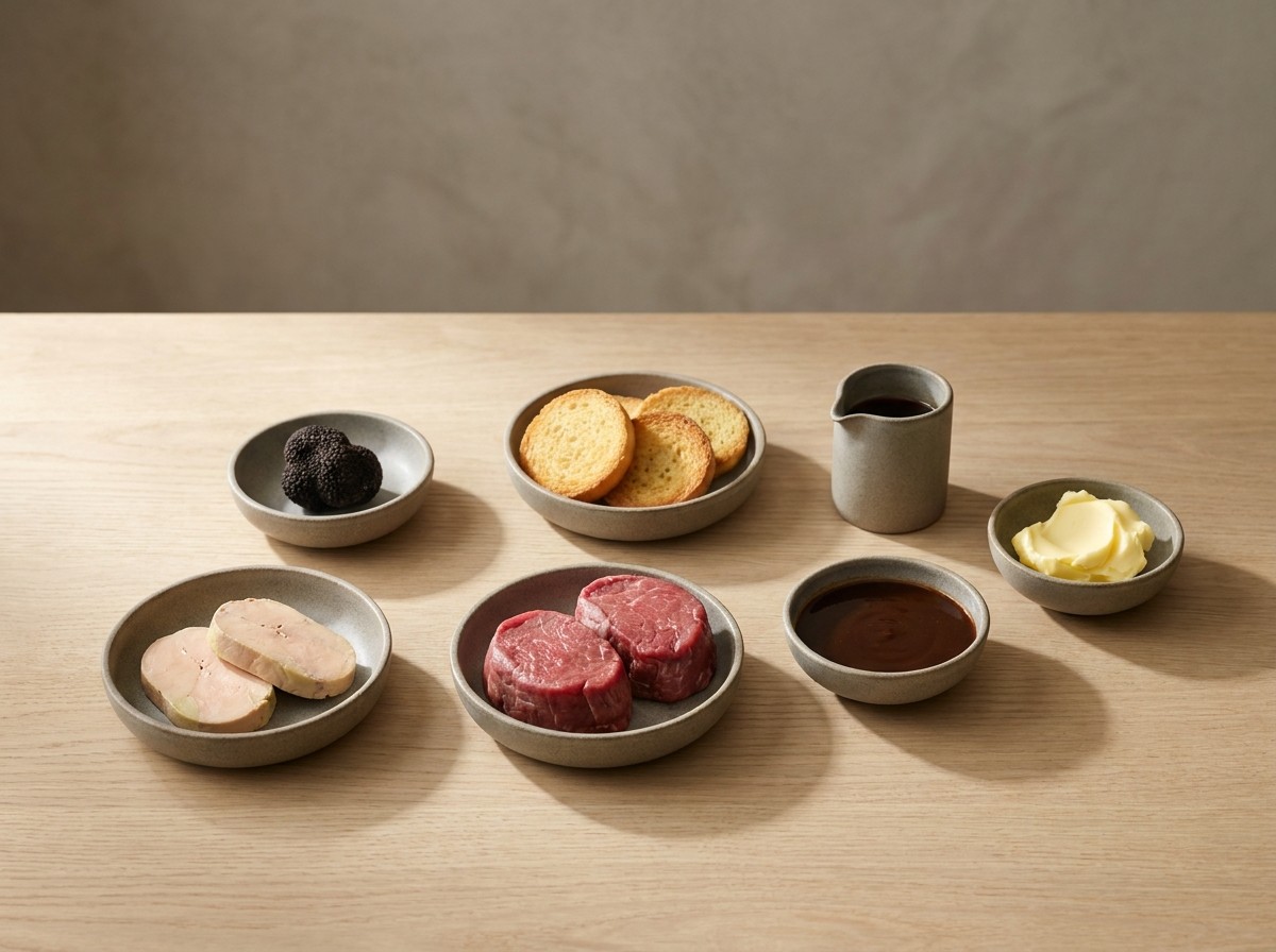Ingredientes del Rossini: solomillo, foie gras, trufa negra, brioche, Madeira y demi-glace