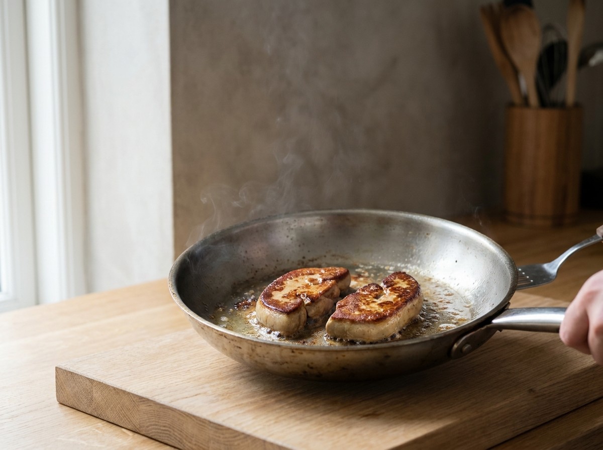 Escalopas de foie gras sellándose doradas en la sartén