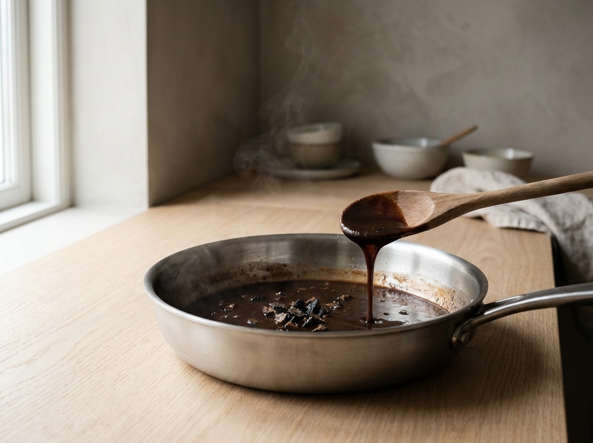 Salsa Périgueux de Madeira y trufa reduciéndose en la sartén