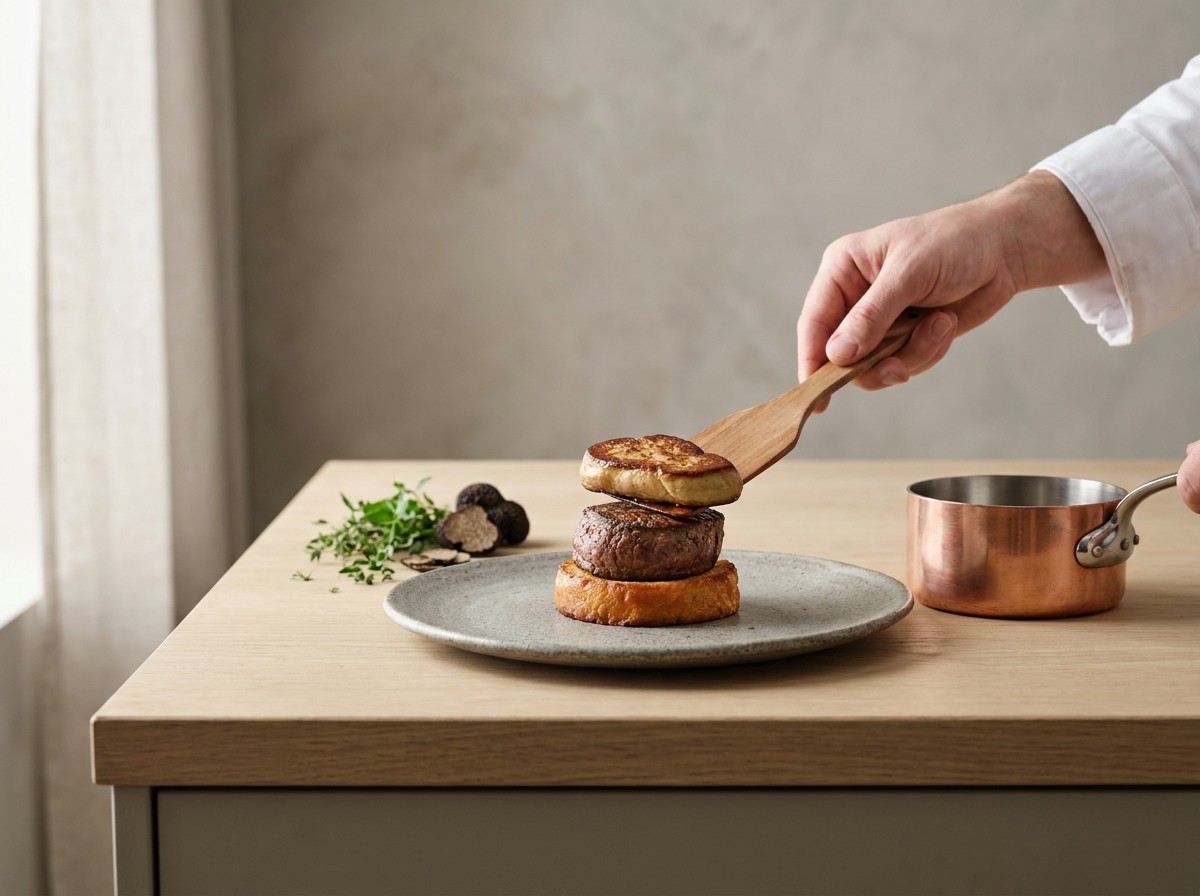 Montaje del Rossini: crouton, solomillo y foie apilados en el plato