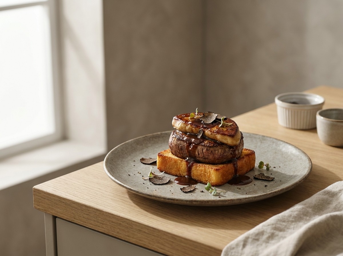 Tournedos Rossini en plato de cerámica gris piedra: medallón de solomillo sobre crouton de brioche, coronado de foie sellado, napado con salsa de Madeira y láminas de trufa negra.