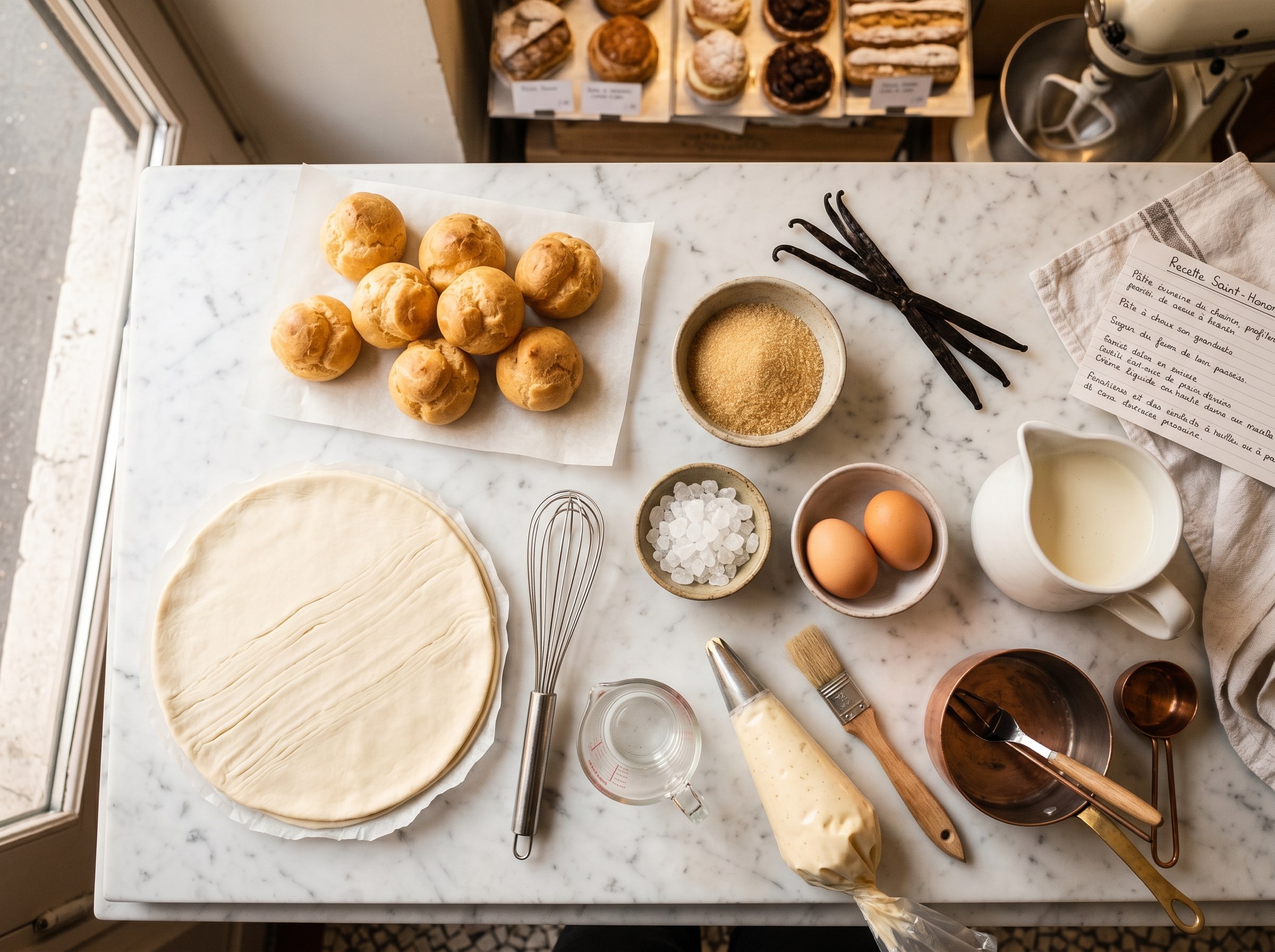 Ingredientes Saint-Honoré: choux, hojaldre, vainilla Tahití, huevos, nata, isomalt