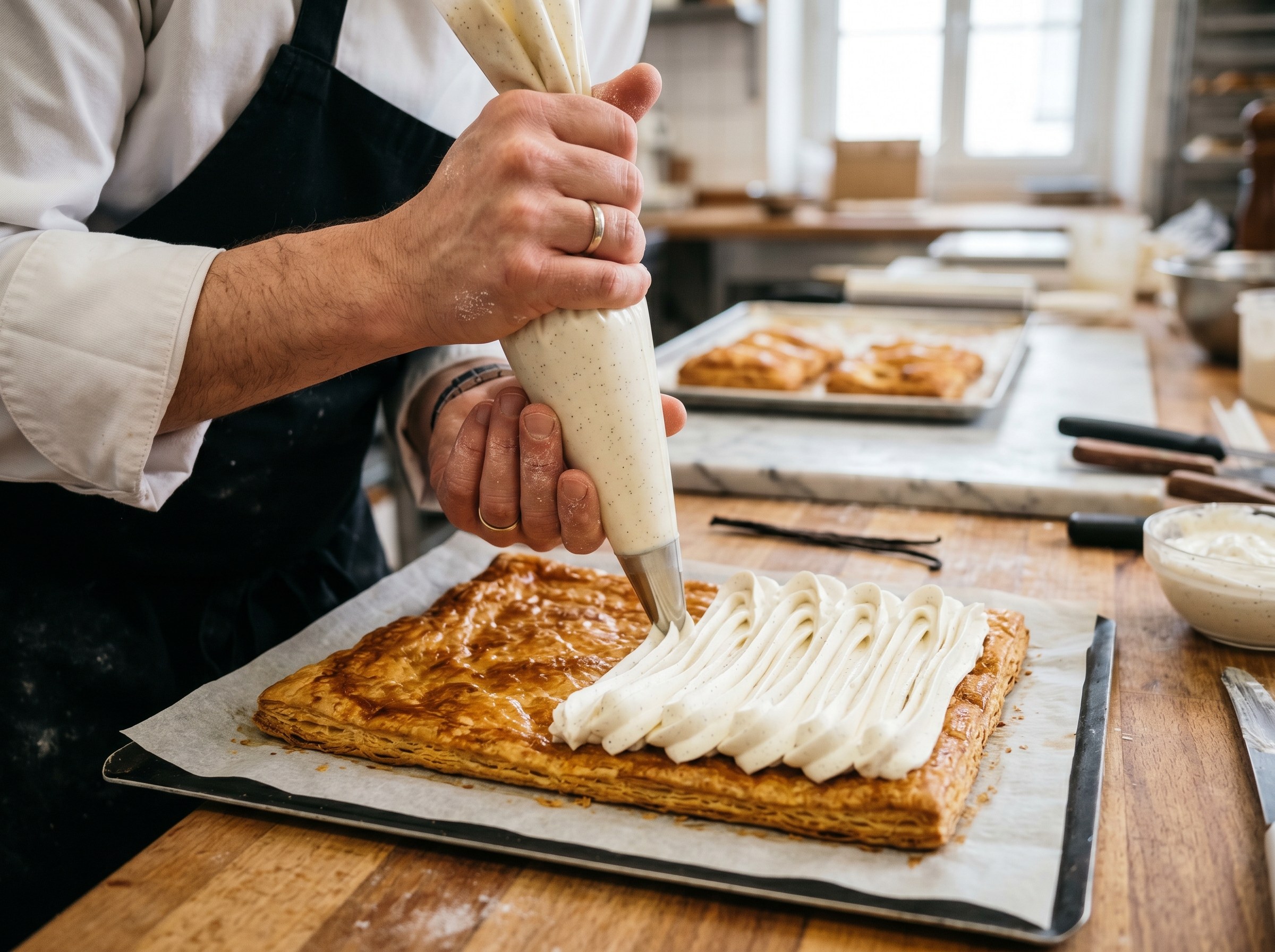 Crema chantilly de vainilla Tahití siendo aplicada con boquilla Saint-Honoré en zigzag