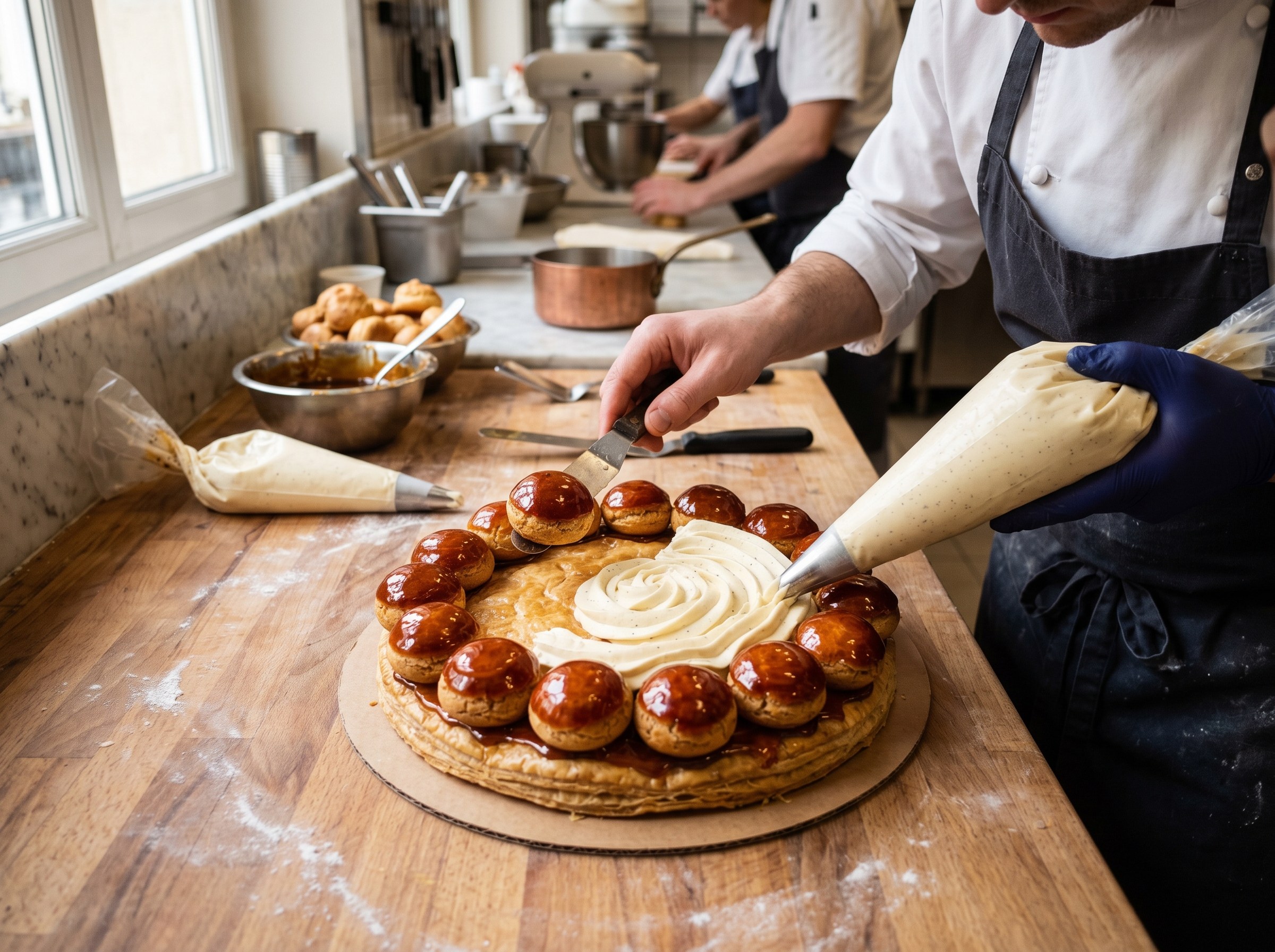Saint-Honoré siendo montado con choux glaseados pegados al borde con caramelo