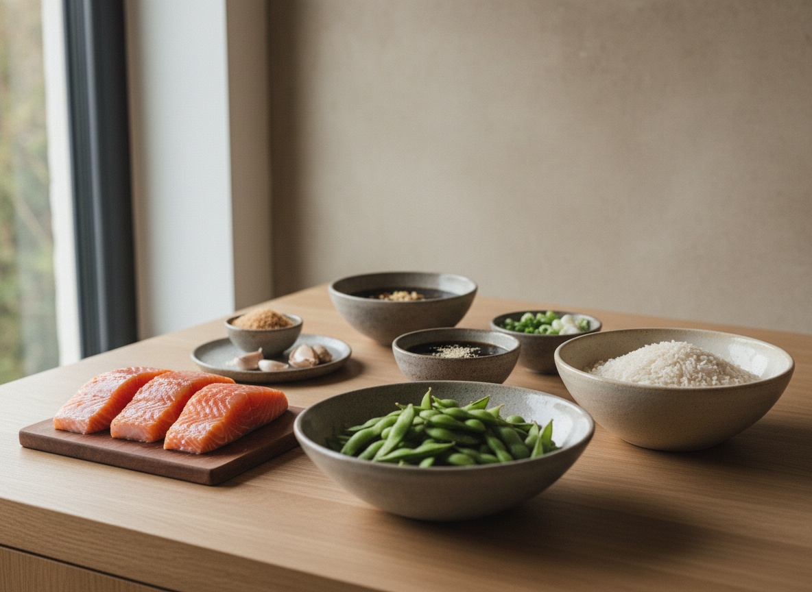 Ingredientes del salmón teriyaki con arroz y edamame vistos de lado sobre tabla de roble.