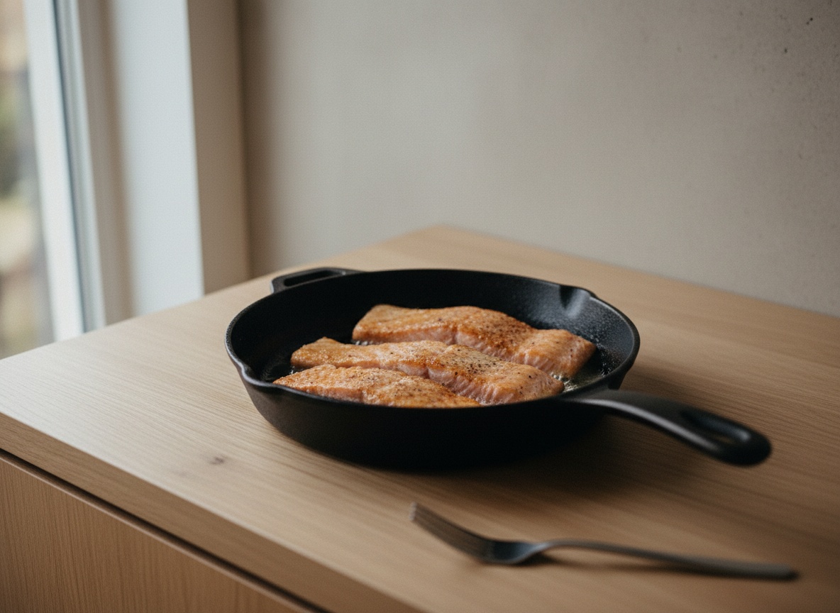 Lomos de salmón sellándose y dorando en una sartén caliente.