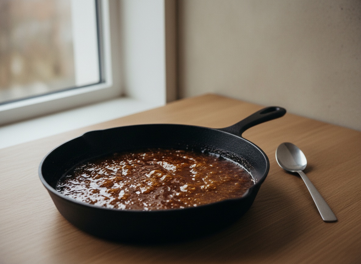 Salsa teriyaki reduciendo y espesando en la sartén.