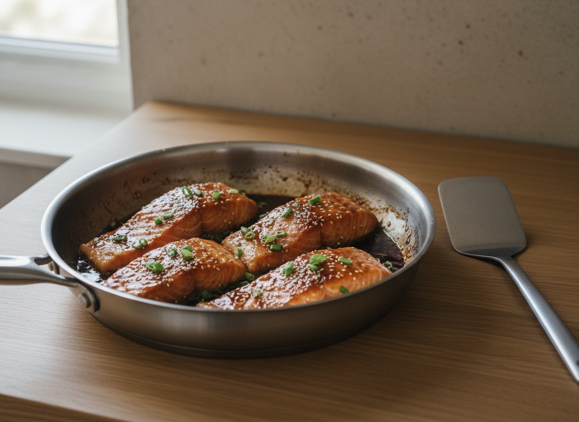 Salmón lacándose con la salsa teriyaki brillante a fuego suave.