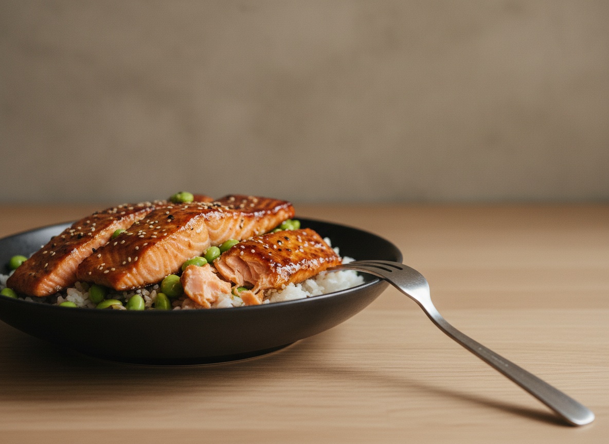 Salmón teriyaki en su punto, empezando a lascar y jugoso por dentro.