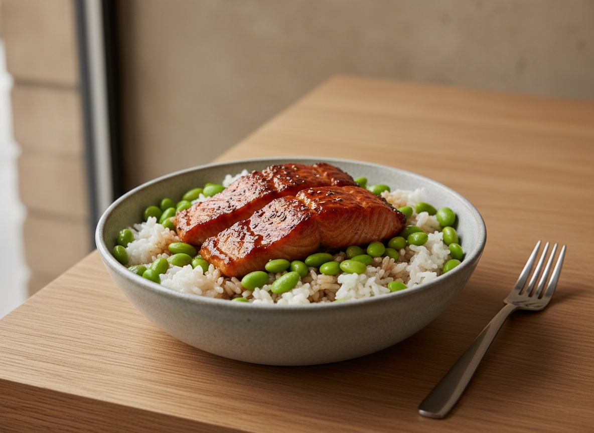 Base de arroz japonés con edamame repartido alrededor en el plato.
