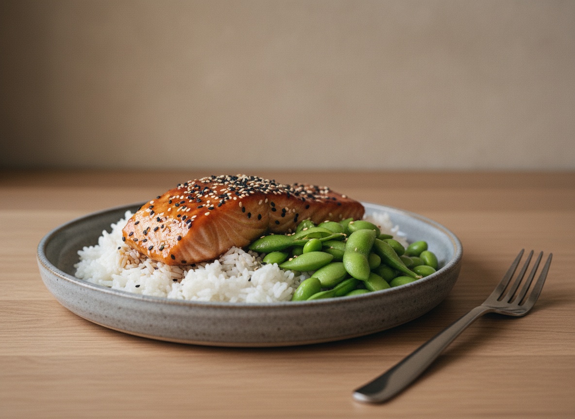 Lomo de salmón teriyaki glaseado y brillante con sésamo, sobre arroz japonés y edamame, en cerámica artesanal.