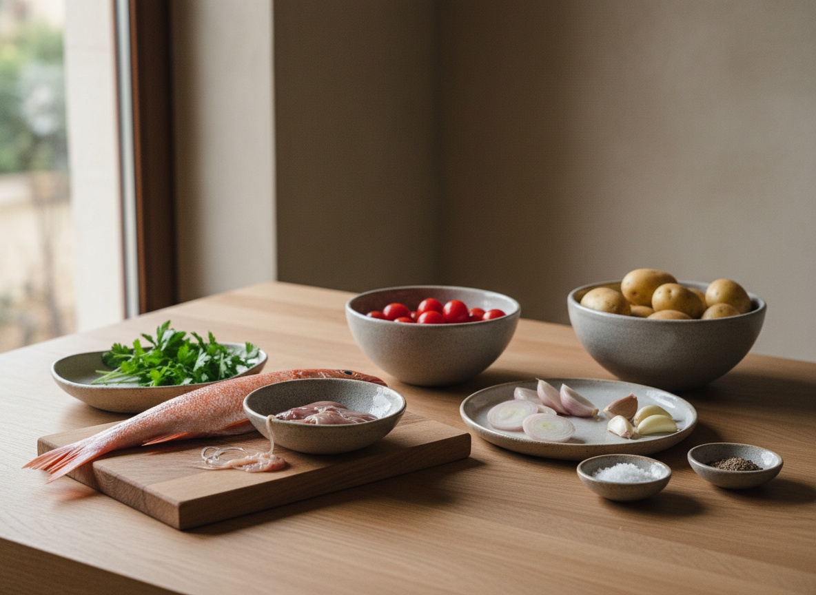 Ingredientes del salmonete de roca con salsa de sus hígados, vistos de lado en cuencos de cerámica sobre tabla de roble