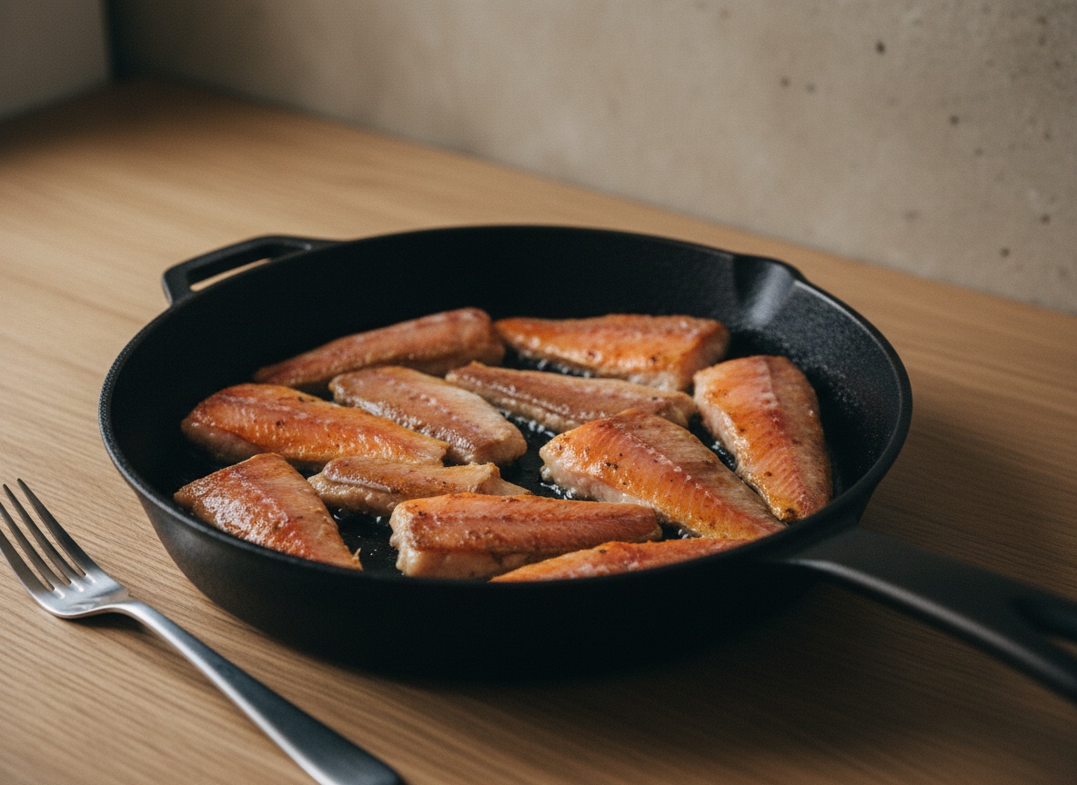 Lomos de salmonete colocados con la piel hacia abajo en la sartén caliente