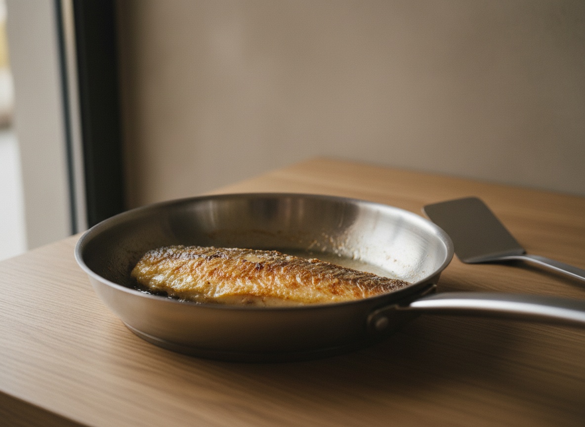 Piel de salmonete dorada y crujiente marcándose en la sartén