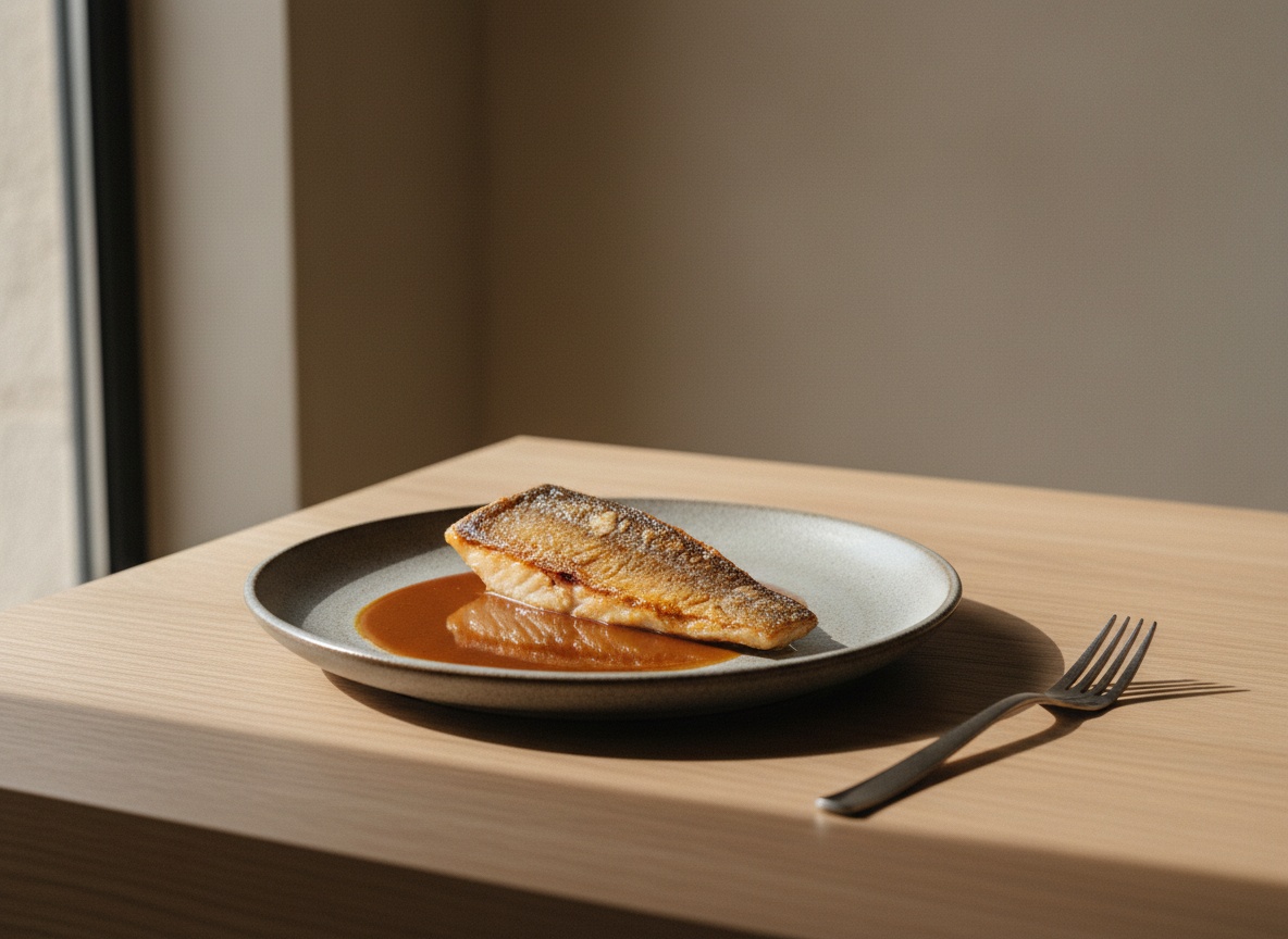 Lomos de salmonete de roca con la piel crujiente sobre una salsa oscura de sus hígados, en plato de cerámica artesanal sobre tabla de roble