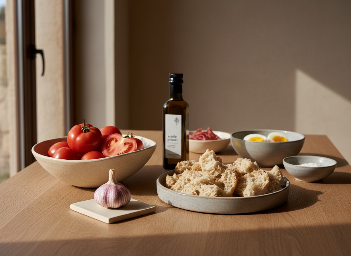 Ingredientes del salmorejo dispuestos en la encimera: tomates pera maduros, miga de telera cordobesa, botella de aceite picual, diente de ajo morado y sal