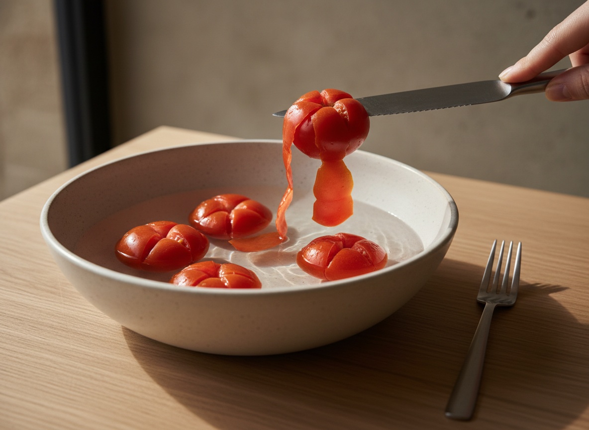 Tomates escaldados con la piel abierta en cruz siendo pelados sobre un bol de agua con hielo