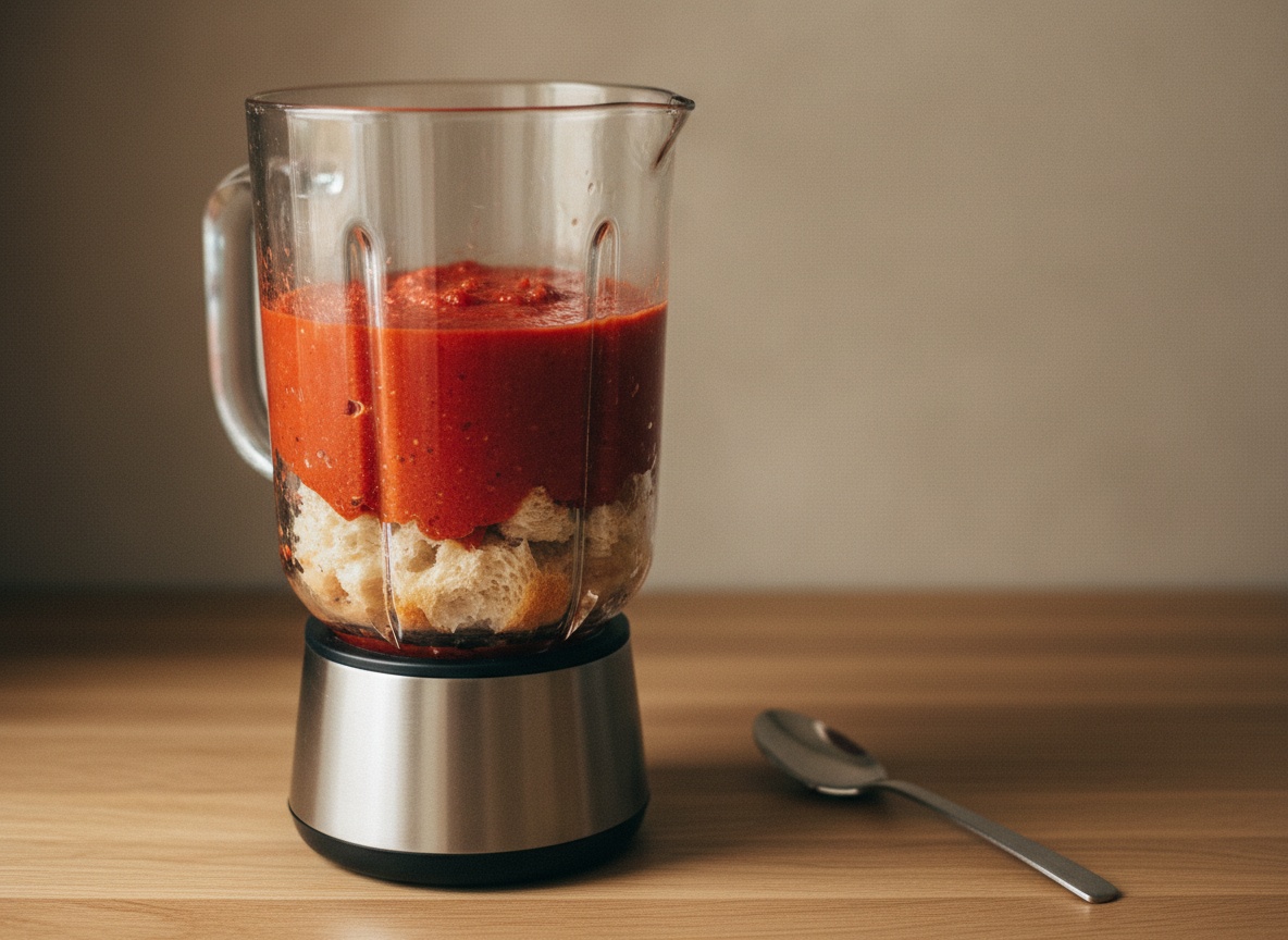 Miga de pan troceada cubierta por el tomate triturado, hidratándose en el vaso de la batidora