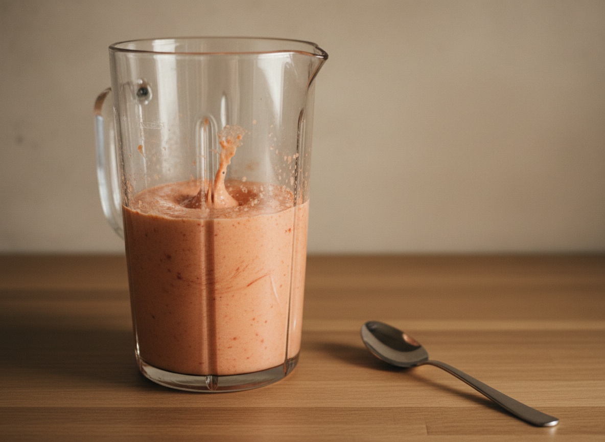 Batidora de vaso triturando la mezcla de tomate y pan hasta obtener una crema rosada homogénea