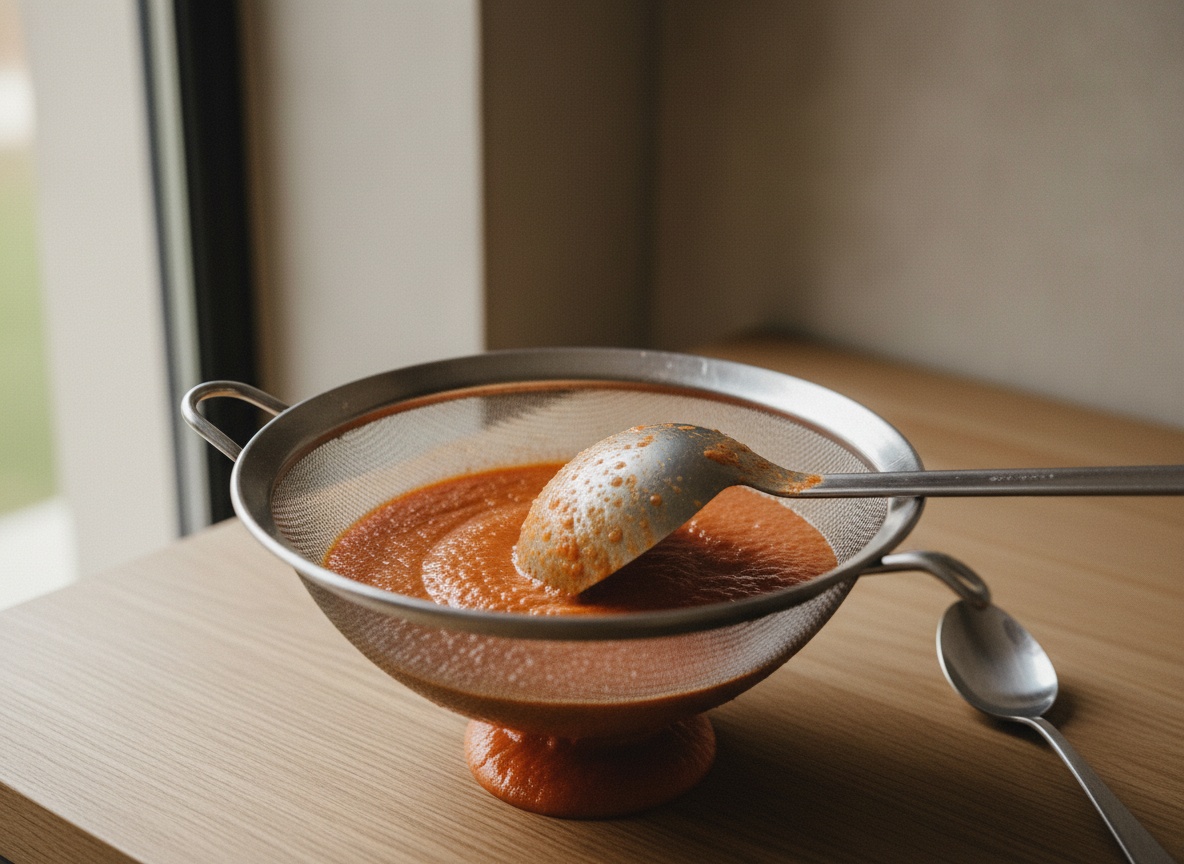 Salmorejo pasándose por un tamiz de malla fina con la ayuda del dorso de un cazo