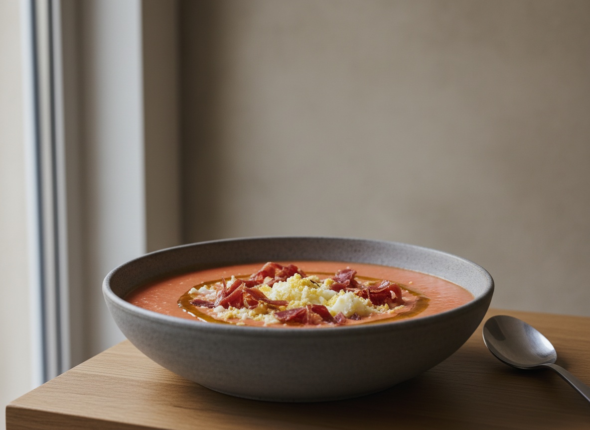 Cuenco hondo de salmorejo cordobés de color naranja coral, con jamón ibérico picado, huevo duro rallado y un hilo de aceite de oliva virgen extra