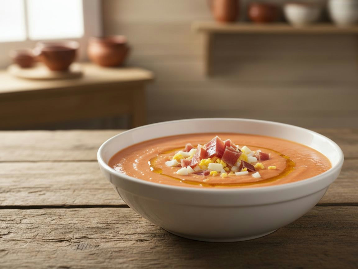 Bol de salmorejo cordobés cremoso color coral, coronado con huevo cocido, jamón ibérico y un hilo de aceite de oliva.