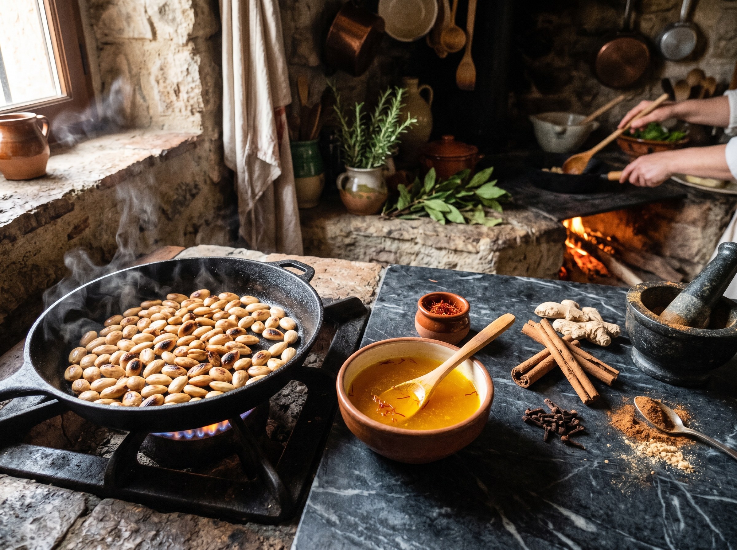 Almendras tostadose y azafran infusionandose en caldo dorado