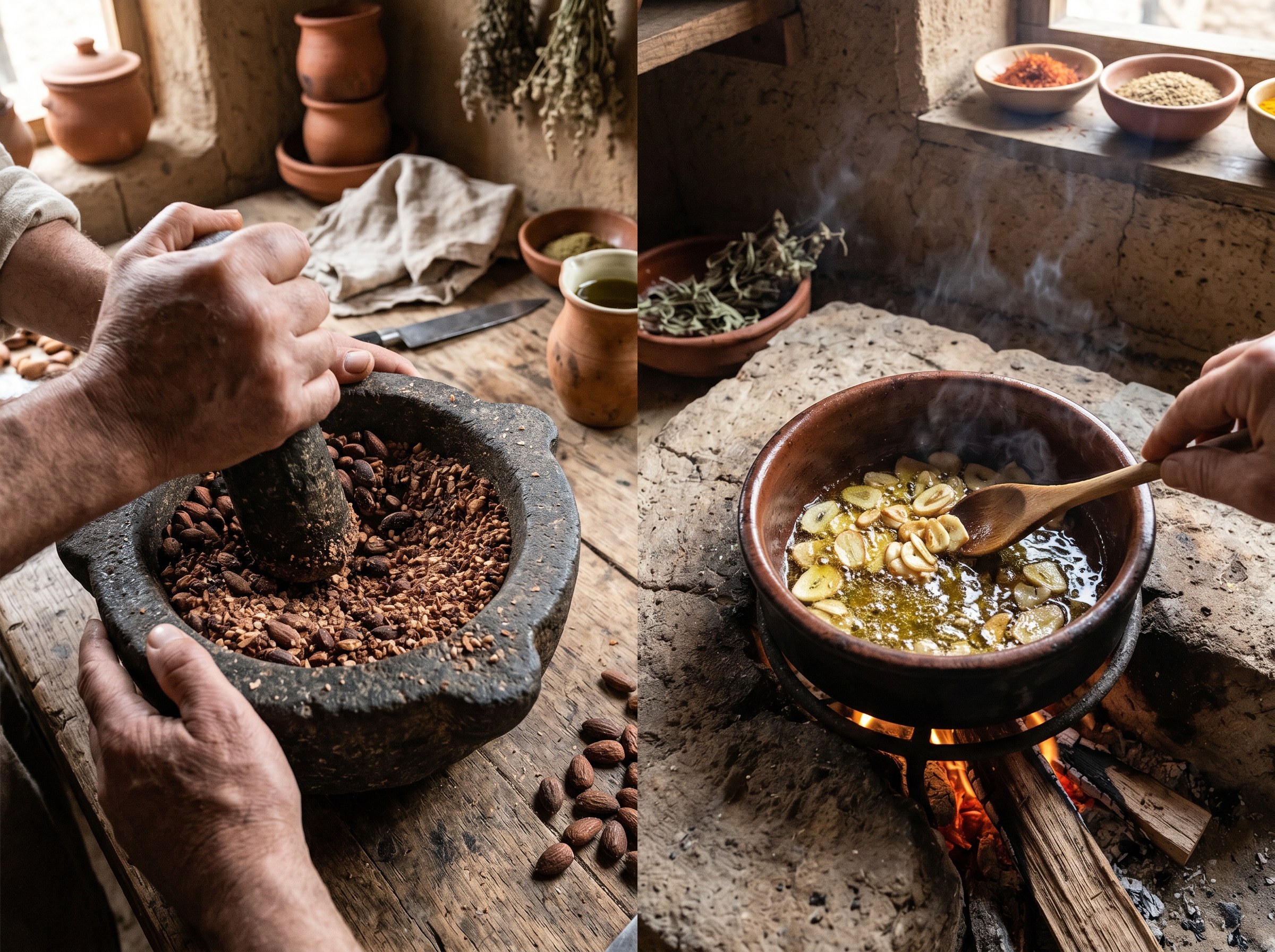 Almendras siendo molidas en mortero a harina gruesa