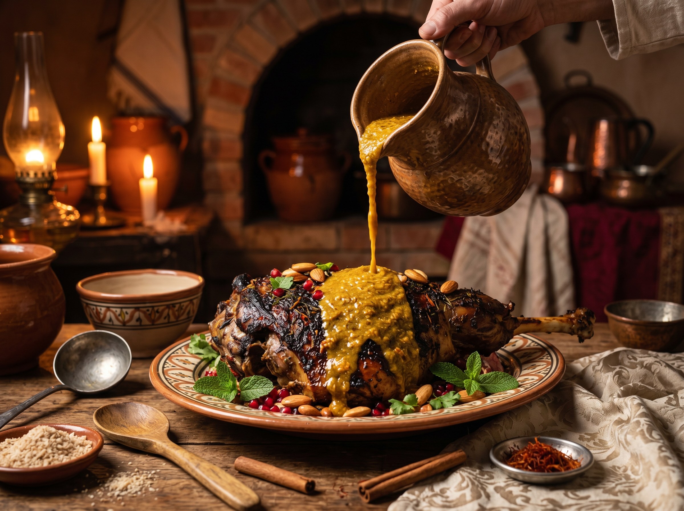 Salsa medieval vertida sobre cordero asado