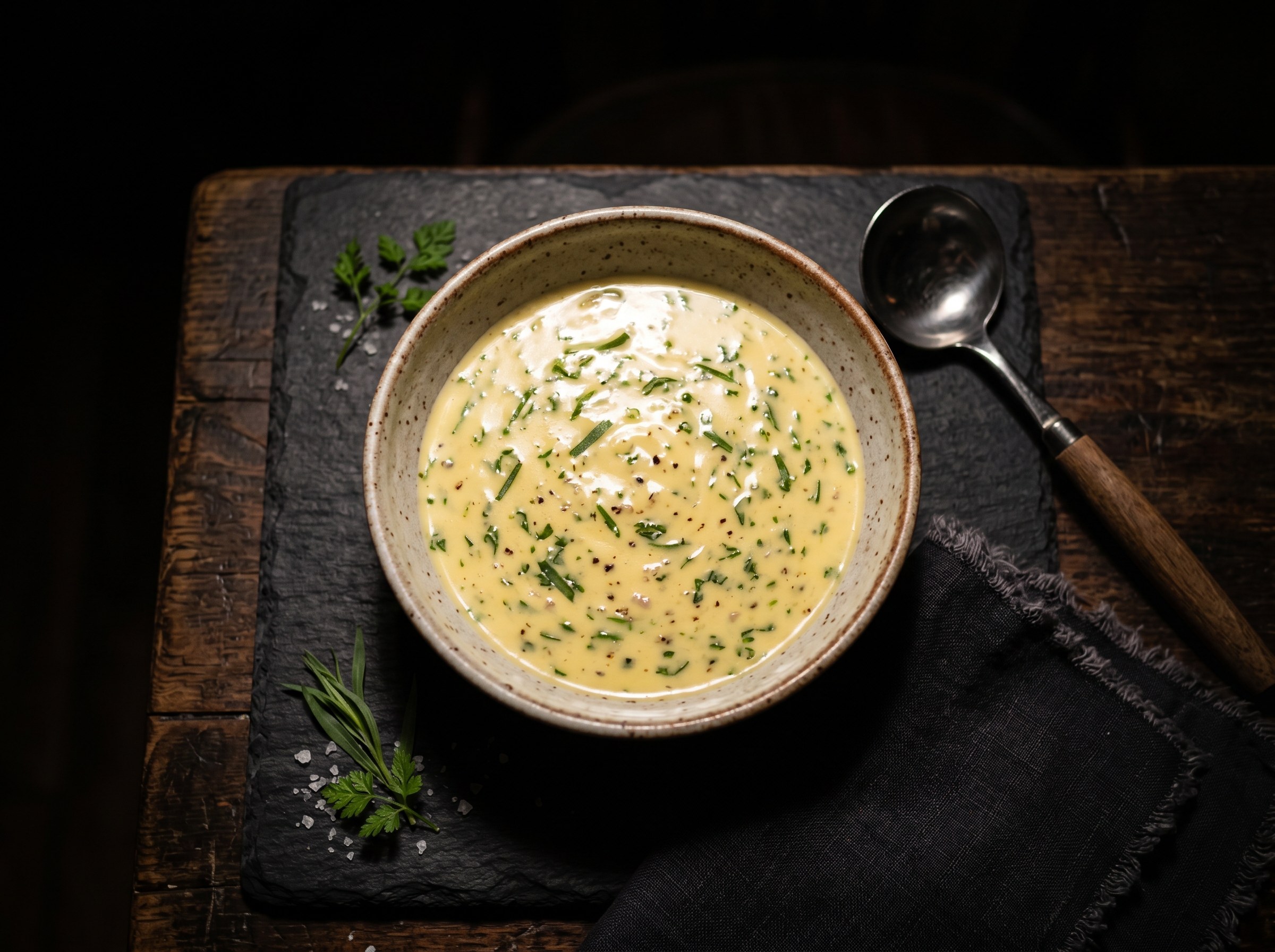 Salsa béarnaise clásica con estragón fresco sobre entrecot