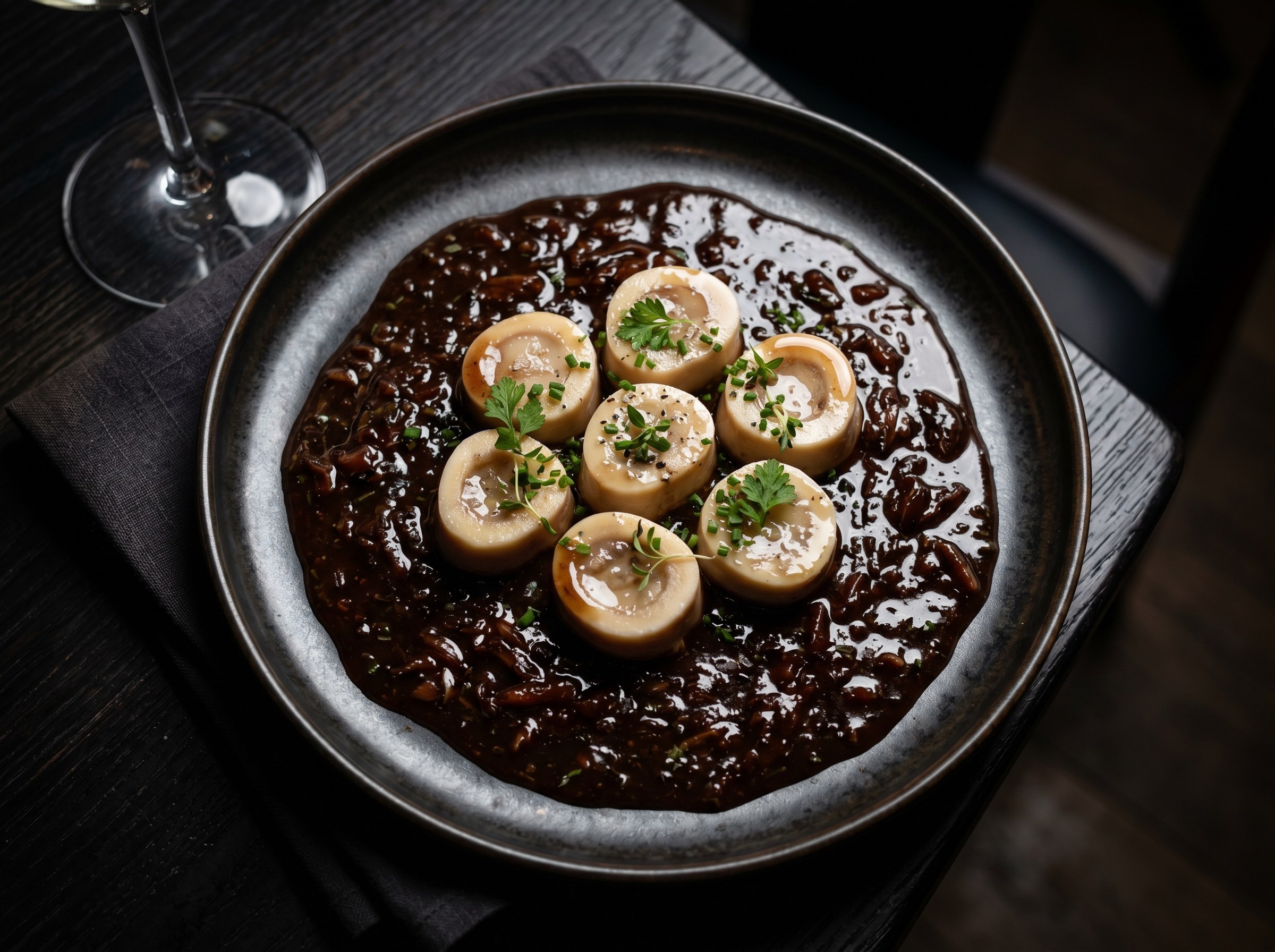 Salsa bordelaise de vino tinto con dados de tuétano pochado