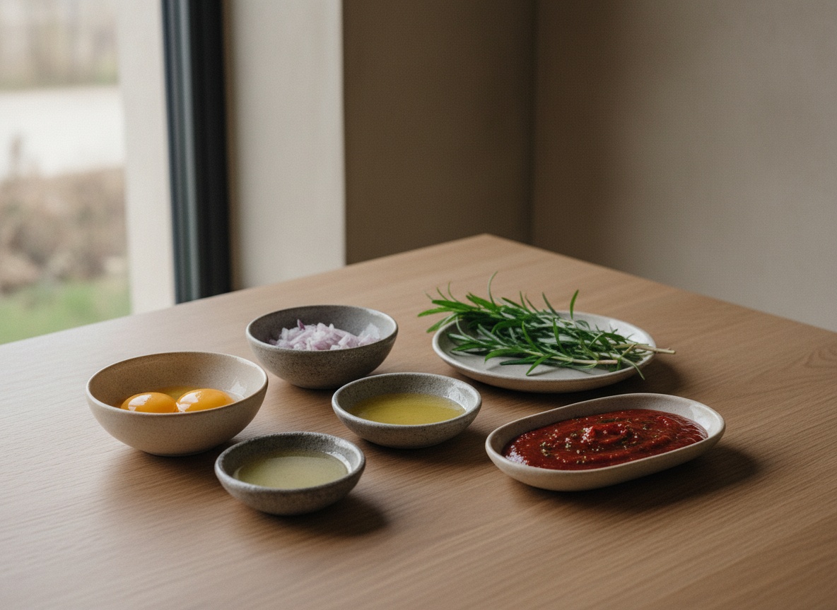 Ingredientes de la salsa Choron vistos de lado sobre tabla de roble: yemas, mantequilla clarificada, estragón fresco, chalota, concentrado de tomate y vino blanco, luz lateral izquierda, estilo La Pasión en la Cocina