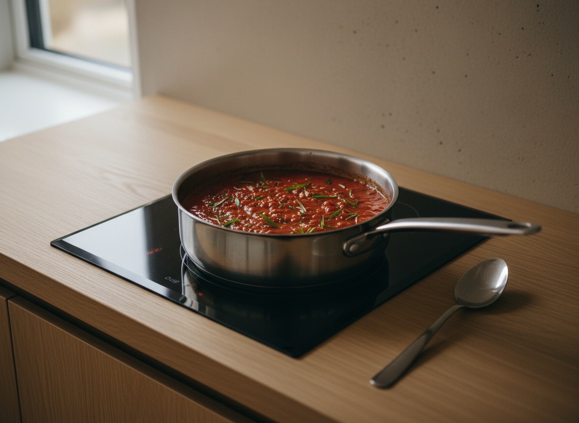 Concentrado de tomate cocinándose brevemente en un cazo para desarrollar su dulzor, estilo La Pasión en la Cocina