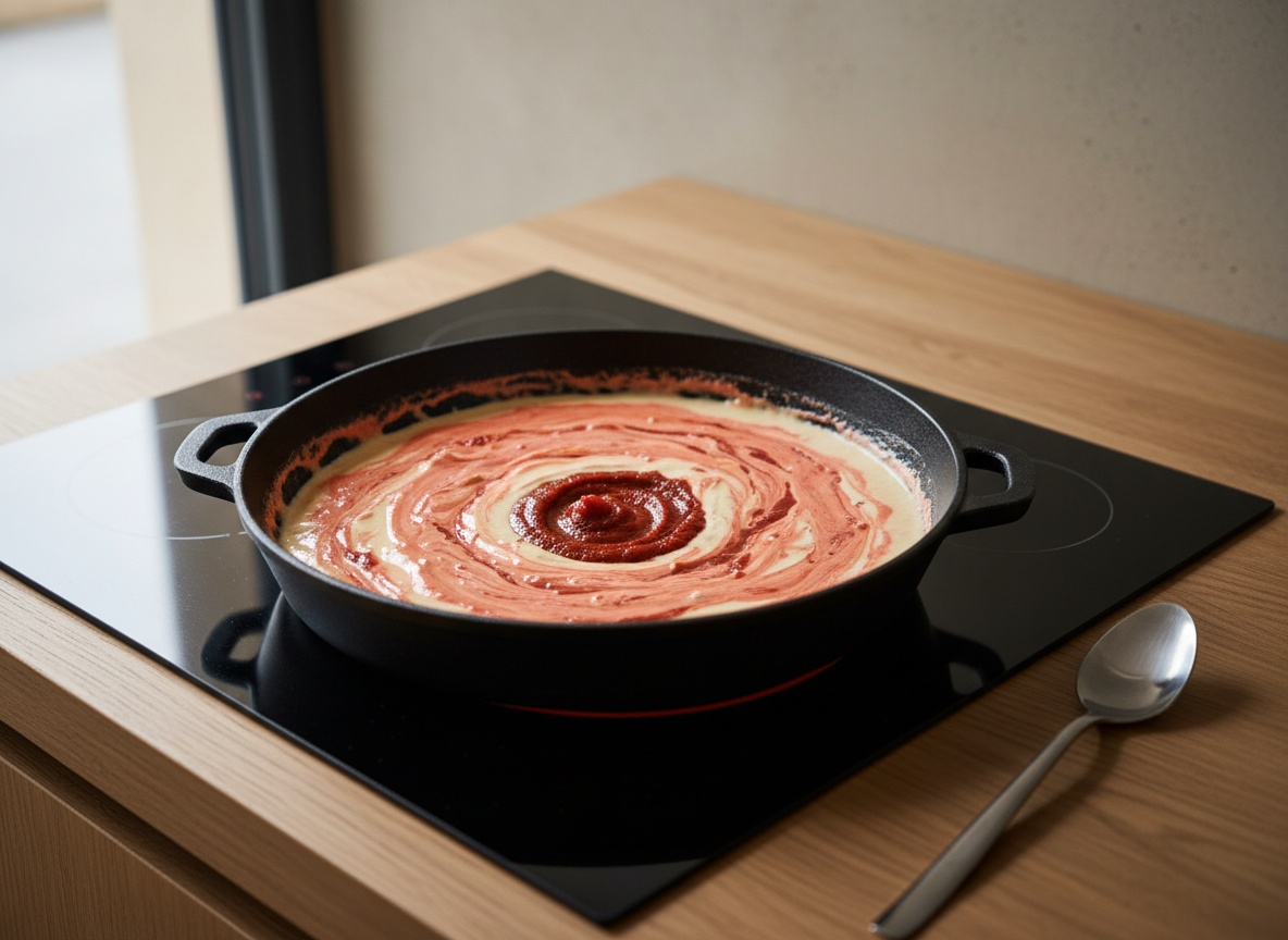 Concentrado de tomate integrándose en la emulsión y tiñéndola de tono coral, estilo La Pasión en la Cocina