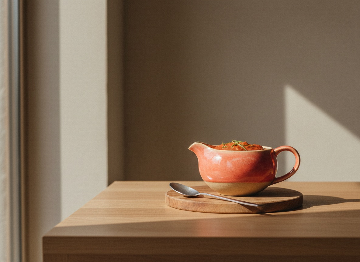 Salsa Choron de tomate y estragón en salsera de cerámica artesanal, tono coral pálido y brillo sedoso, sobre tabla de roble con luz lateral izquierda, estilo La Pasión en la Cocina