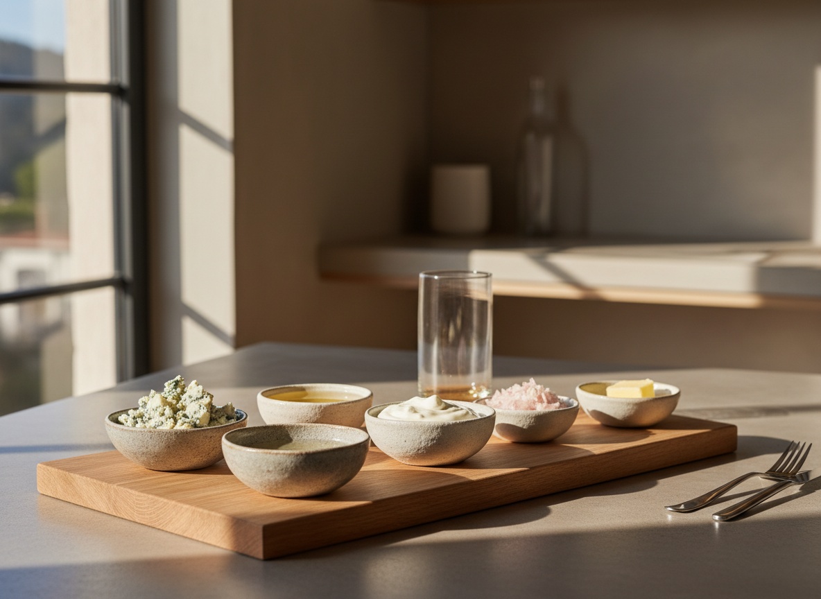 Ingredientes de la salsa de Cabrales vistos de lado sobre tabla de roble: queso Cabrales desmigado, sidra natural, nata, chalota y mantequilla, luz lateral izquierda, estilo La Pasión en la Cocina
