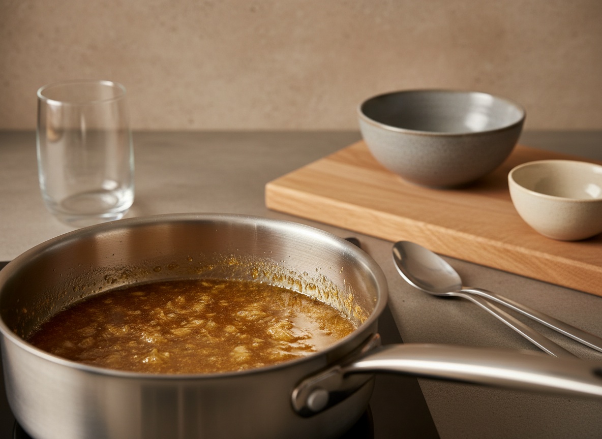 Sidra natural con chalota reduciéndose en un cazo hasta almíbar dorado, estilo La Pasión en la Cocina