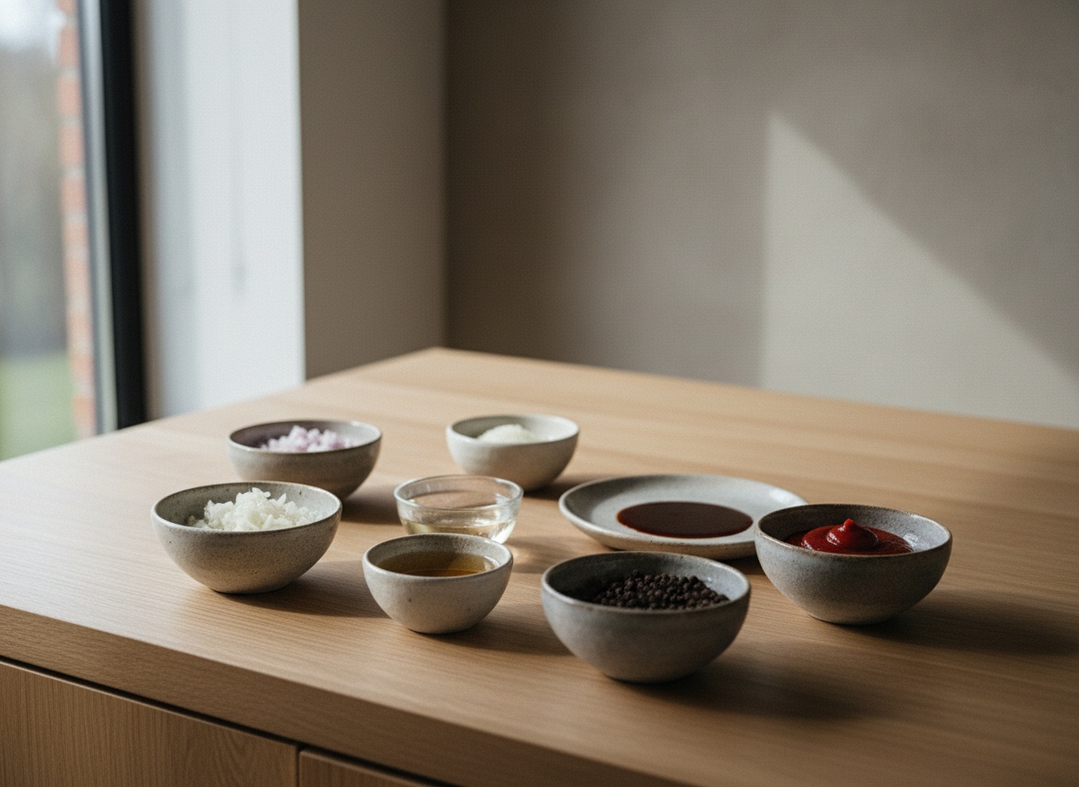 Ingredientes de la salsa Diable vistos de lado sobre tabla de roble: chalota, vino blanco, vinagre, granos de pimienta negra, fondo oscuro y concentrado de tomate, luz lateral izquierda, estilo La Pasión en la Cocina