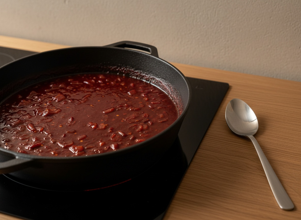 Salsa Diable reduciendo y napando el dorso de una cuchara, estilo La Pasión en la Cocina