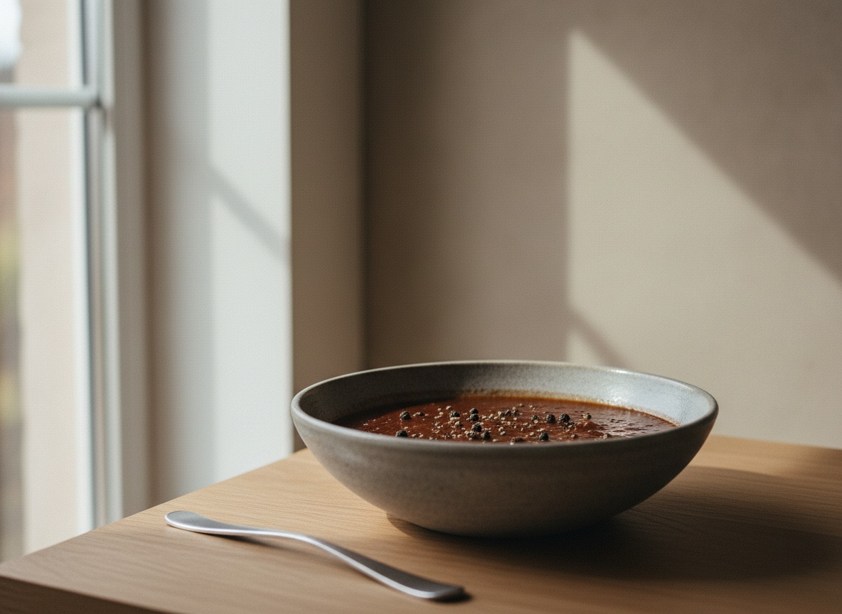 Salsa Diable en salsera de cerámica artesanal, color marrón caoba brillante con puntos de pimienta negra, textura napante, sobre tabla de roble con luz lateral izquierda, estilo La Pasión en la Cocina