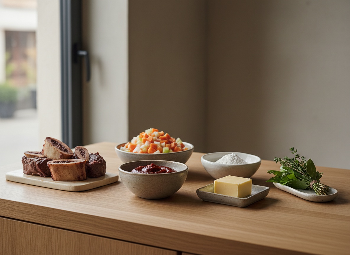 Ingredientes de la salsa Espagnole vistos de lado sobre tabla de roble: huesos de ternera, mirepoix de zanahoria, cebolla y apio, concentrado de tomate, harina, mantequilla y bouquet garni, luz lateral izquierda, estilo La Pasión en la Cocina