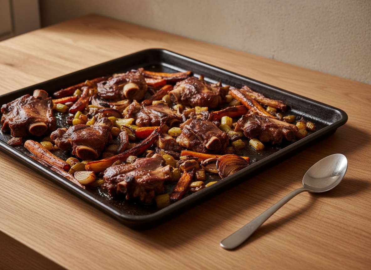 Huesos y mirepoix tostándose en bandeja de horno hasta color caoba, estilo La Pasión en la Cocina
