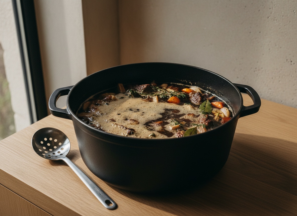 Fondo oscuro cociendo a fuego lento en una olla grande mientras se desespuma, estilo La Pasión en la Cocina